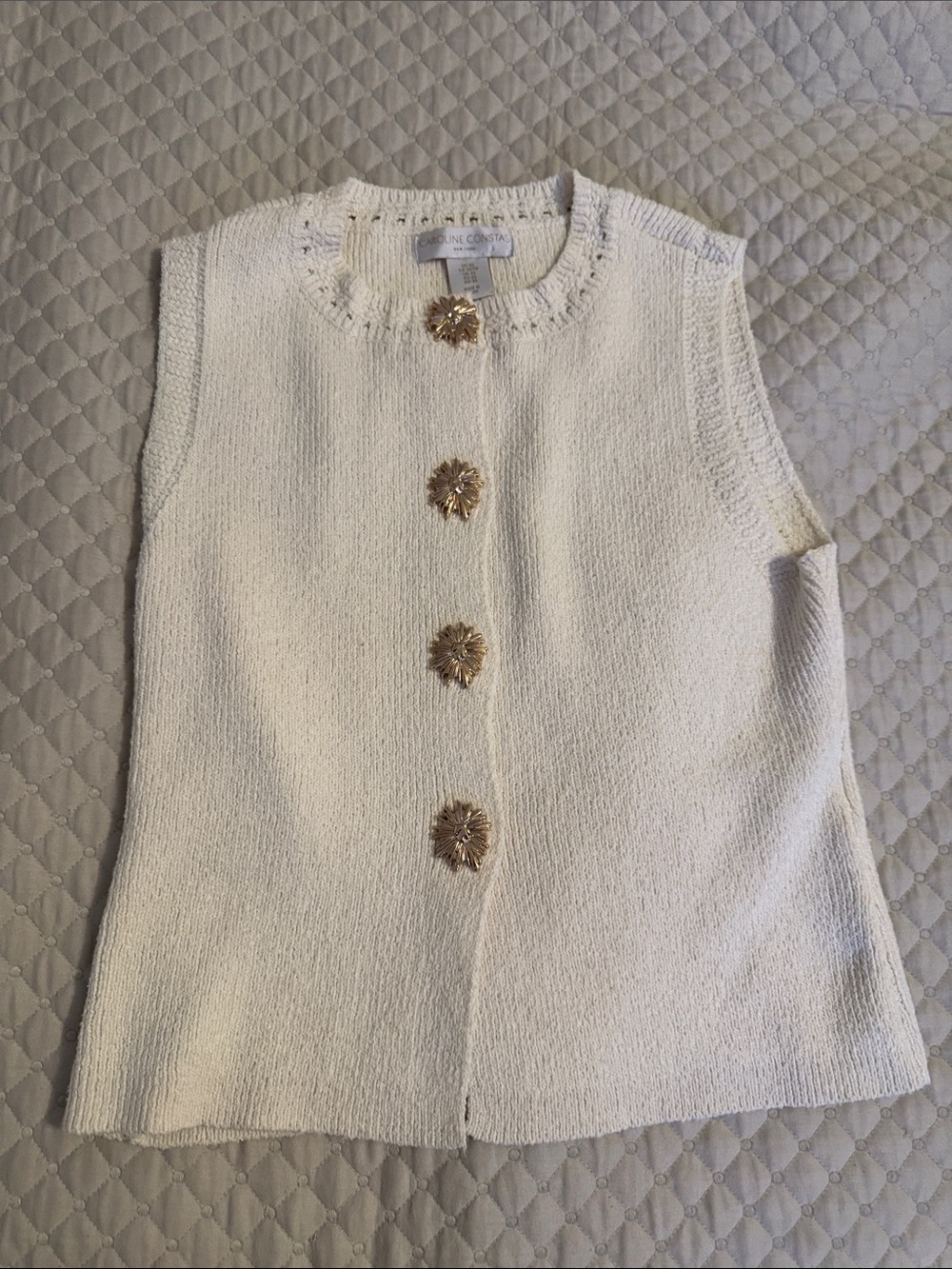 Caroline Constas Cream Sleeveless Knit Cardigan with Gold Floral Buttons